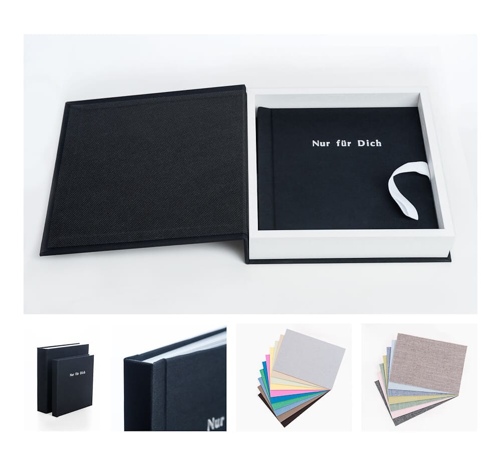 Weißes Fotobuch mit schwarzem Titel "Nur für Dich" in Geschenkbox, hochwertiges Fotopapier, verschiedene Farbvarianten, modern und ansprechend, ideal für persönliche Fotos und Erinnerungen in München.