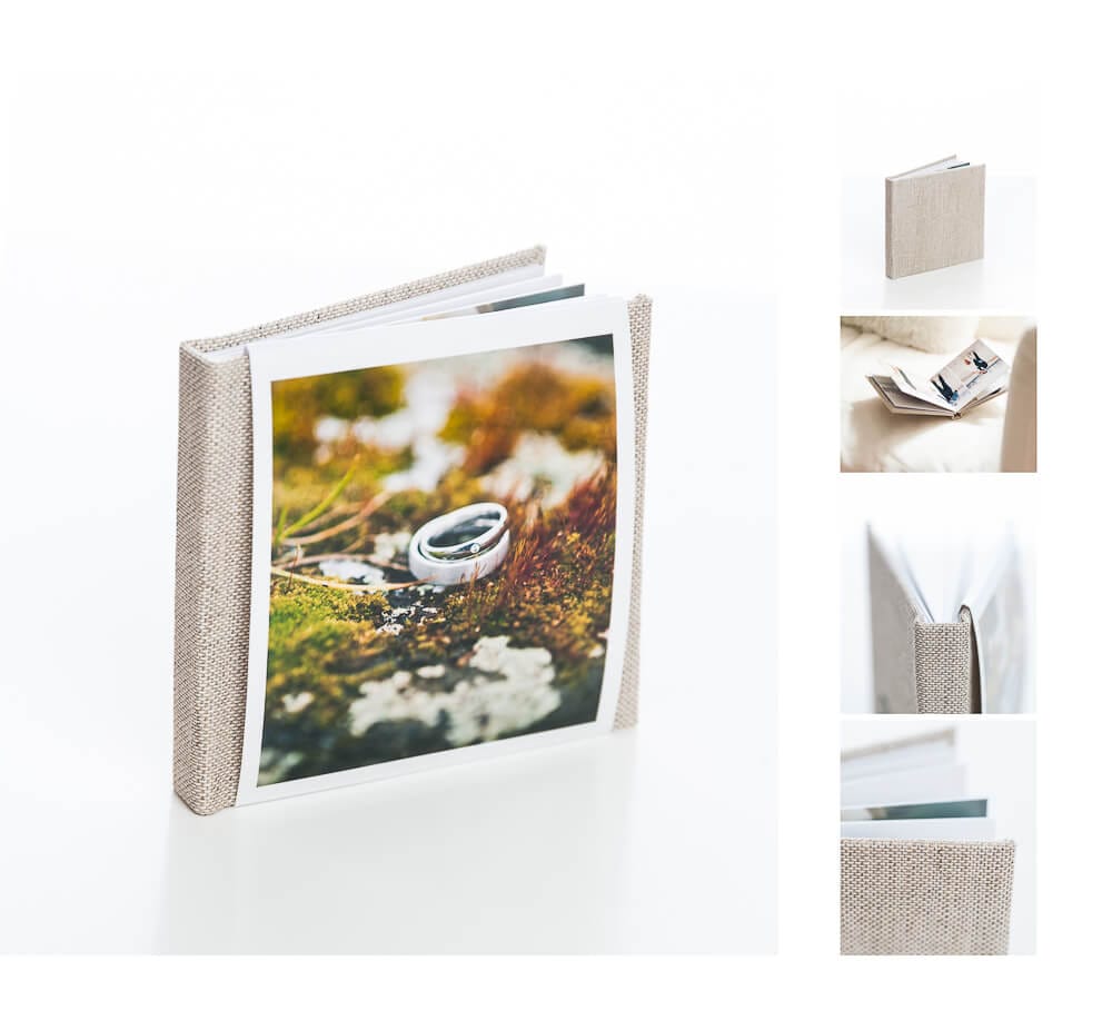 Elegantes Fotoalbum mit naturfarbenem Einband und hochwertigen Fotos, perfektes Erinnerungsstück für Familien und Fotografen.